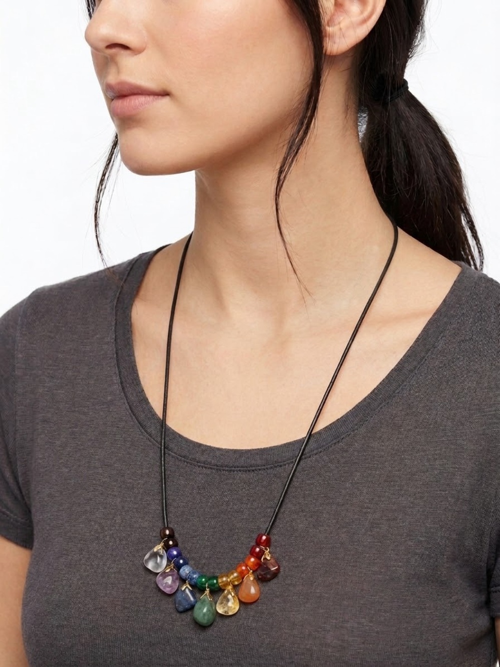 Long leather necklace with genuine stones